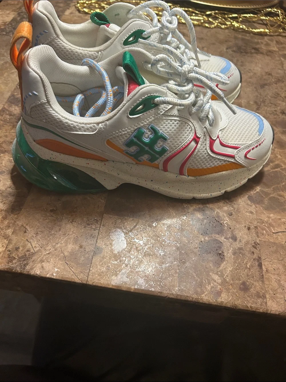 Tory Burch Kids White Sneakers with Green, Orange, Pink & Blue Accents
